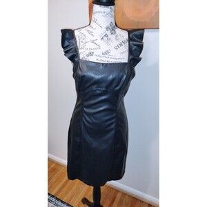 NWT! Essue Black Vegan Leather Cut Out Tie Back Dress w/Ruffle Straps. Size L